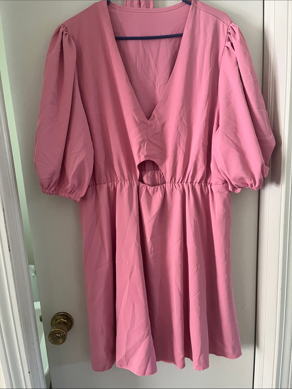 Pink Puff Sleeve V-Neck Cutout Mini Dress